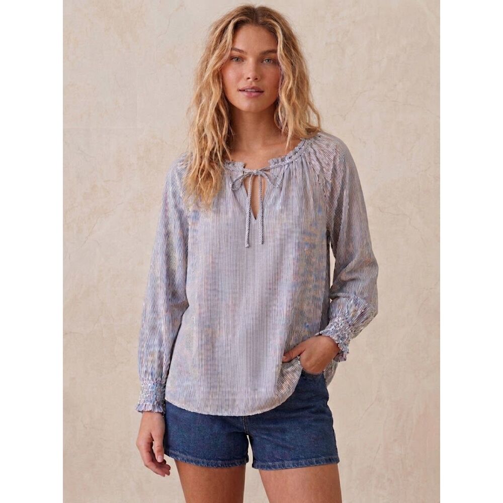 LOFT Plus Blue Striped Tie Neck Women's 18 Long Sleeve Ruffle Cuff Peplum Blouse